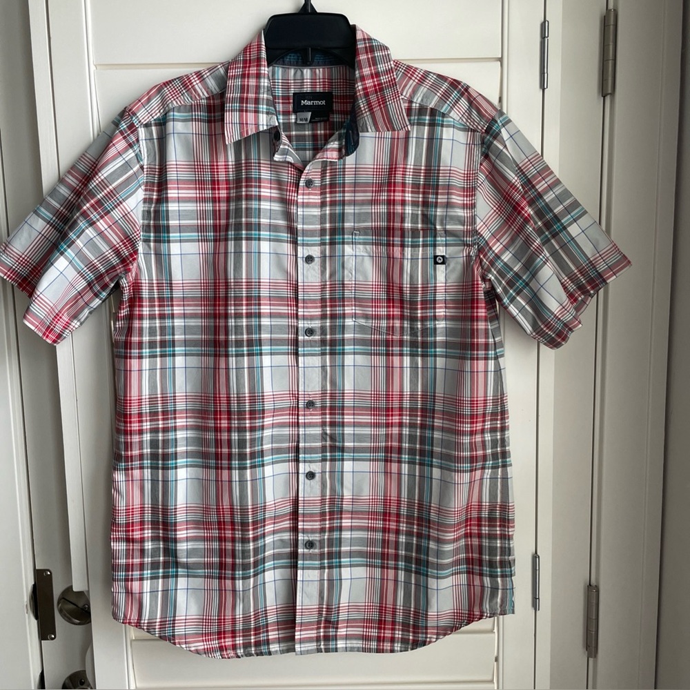 Marmot Men's Short Sleeve Plaid Button-Down Shirt - Red, White, Green